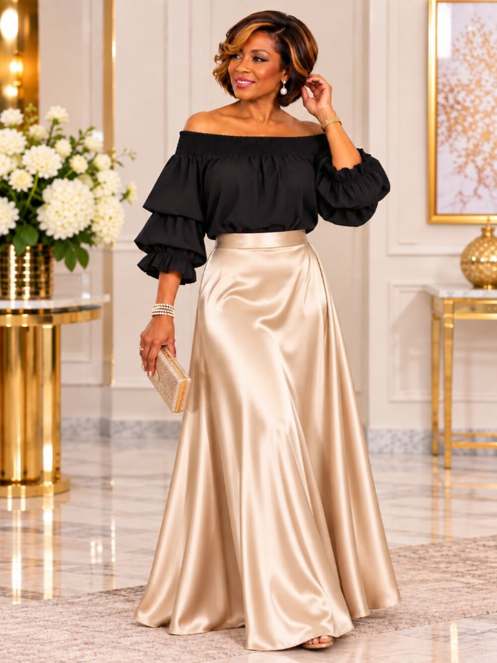 Elegant Black Off Shoulder Tiered Puff Sleeve Boho Blouse One Size
